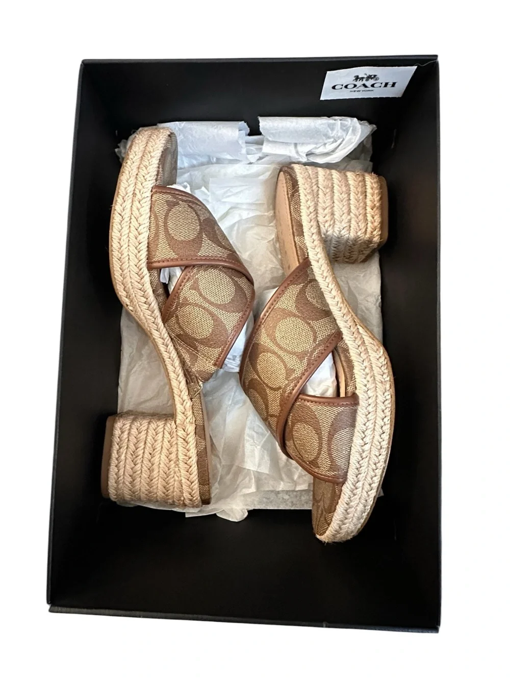 Coach Sloan Signature Espadrille Brown Canvas Crisscross Slide Mules, 8.5B